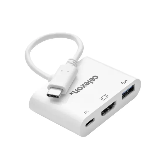 Adaptateur multiport celexon USB-C vers HDMI - USB-A - USB-C M/F, blanc