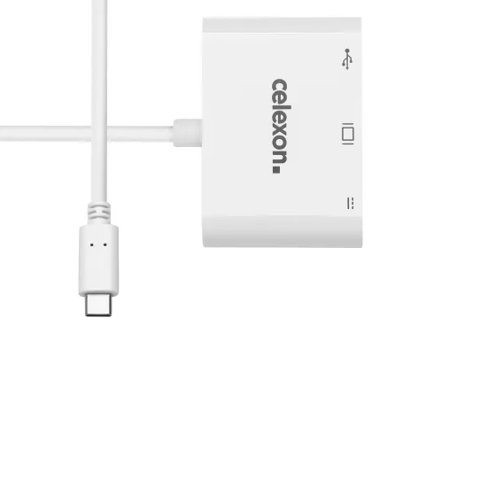 Adaptateur multiport celexon USB-C vers HDMI - USB-A - USB-C M/F, blanc