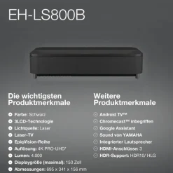 Epson EH-LS800B Vidéoprojecteur, 3840 x 2160 4K UHD, 4000 Lumen