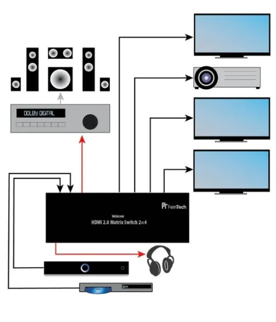 FeinTech VMS02400 Commutateur matriciel HDMI 2.0 2x4 avec extracteur audio