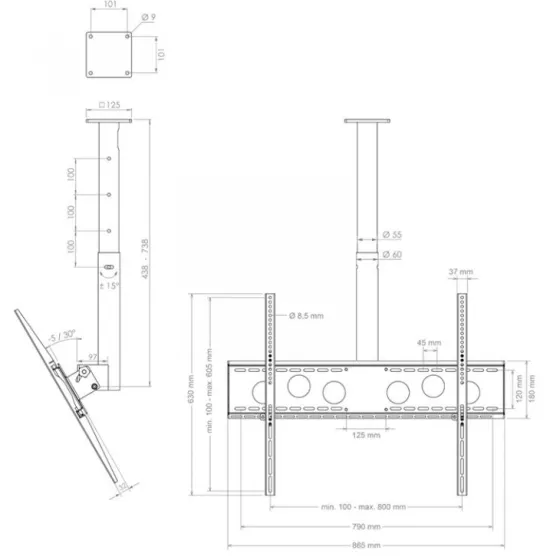 Hagor HA DH 400 - 700 L - Support plafond pour écran simple - 55-75" | max. VESA 800x600 | longueur 400 - 700mm