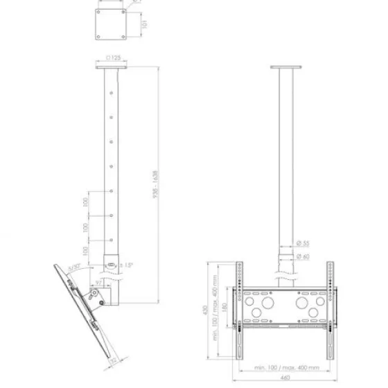 Hagor HA DH 900 - 1600 S - Support plafond pour écran simple - 32-50" | max. VESA 400x400 | longueur 900 - 1600mm