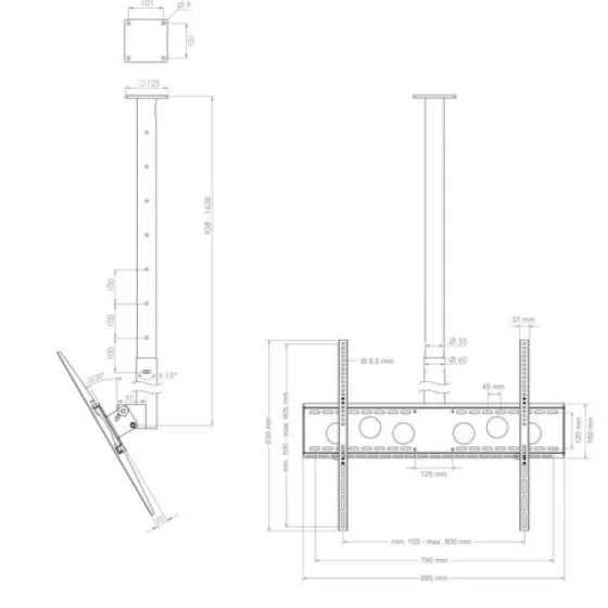 Hagor HA DH 900 -1600 L - Support plafond pour écran simple - 55-75" | max. VESA 800x600 | longueur 900 - 1600mm