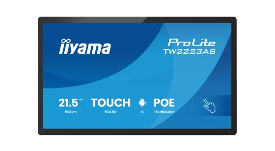 iiyama ProLite TW2223AS-B3P PC avec écran tactile PCAP 10 points de 22 pouces, équipé du système d'exploitation Android, de la technologie Power over Ethernet (PoE) et de iiSignage².