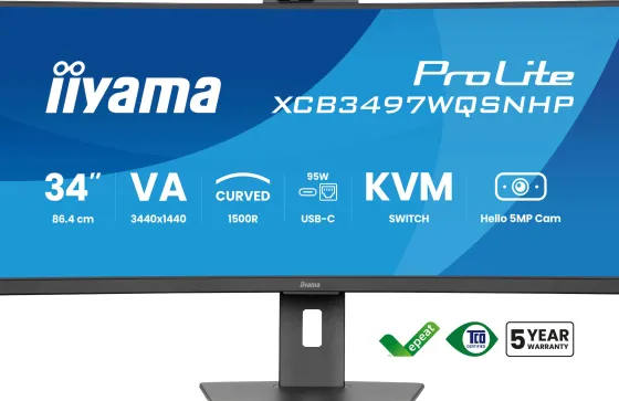iiyama ProLite XCB3497WQSNPH-B1 34" VA UWQHD Écran incurvé avec caméra et microphone Windows Hello intégrés, station d'accueil USB-C, LAN, commutateur KVM