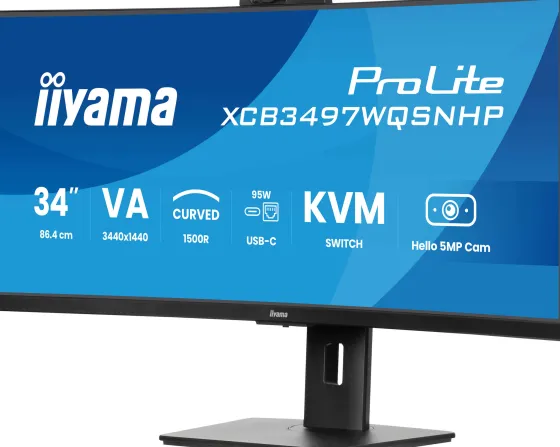 iiyama ProLite XCB3497WQSNPH-B1 34" VA UWQHD Écran incurvé avec caméra et microphone Windows Hello intégrés, station d'accueil USB-C, LAN, commutateur KVM