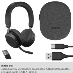 Jabra Evolve2 75 - Micro-casque stéréo sans fil pour MS, Bluetooth, USB-A, noir