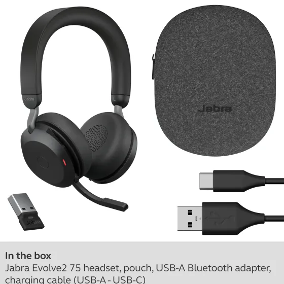 Jabra Evolve2 75 - Micro-casque stéréo sans fil pour MS, Bluetooth, USB-A, noir