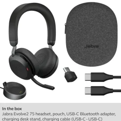Jabra Evolve2 75 - Micro-casque stéréo sans fil pour MS avec base, Bluetooth, USB-C, noir
