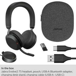 Jabra Evolve2 75 - Micro-casque stéréo sans fil pour MS avec base, Bluetooth, USB-A, noir