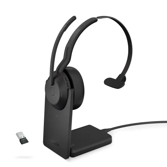 Jabra Evolve2 55 Link380a MS Mono - Micro-casque mono sans fil avec USB-A certifié pour Microsoft Teams, socle de chargement inclus