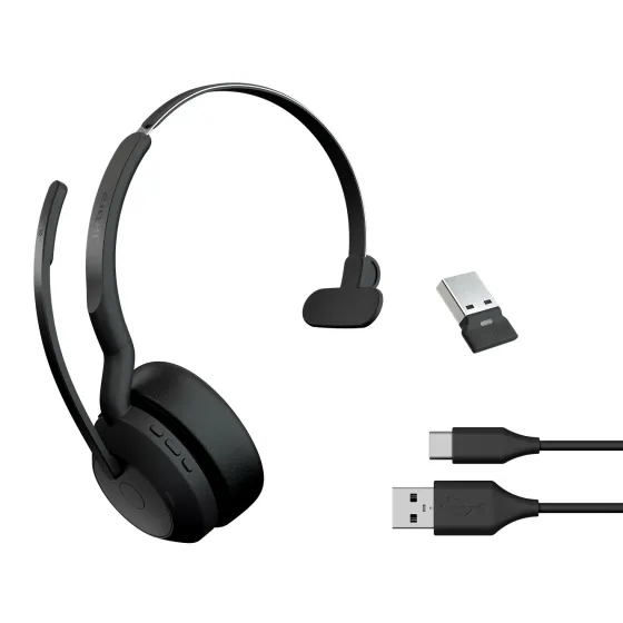 Jabra Evolve2 55 Link380a MS Mono - Micro-casque mono sans fil avec USB-A certifié pour Microsoft Teams, chargeur inclus