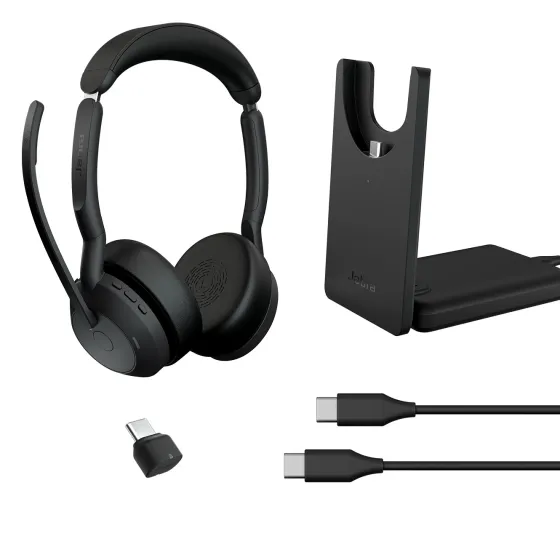 Jabra Evolve2 55 Link380c UC Stereo - Micro-casque stéréo sans fil avec USB-C, socle de chargement inclus