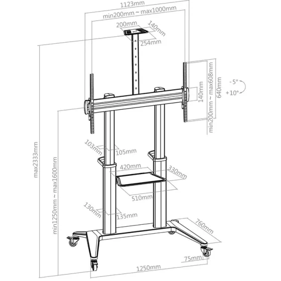 Support mobile Hagor BrackIT Stand HD XXL réglable en hauteur manuellement - 62"-120" (inclinable de -5 à +10°)