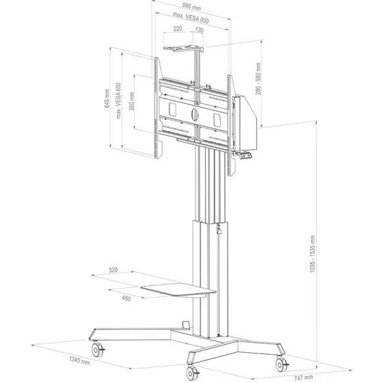 Support mobile Hagor HP Lift réglable en hauteur électriquement - 55-100"